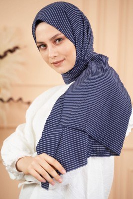 Bombe Serisi Çizgili Lacivert Şal - Thumbnail