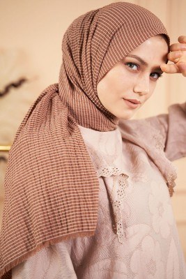 Bombe Serisi Çizgili Sütlü Kahve Şal - Thumbnail