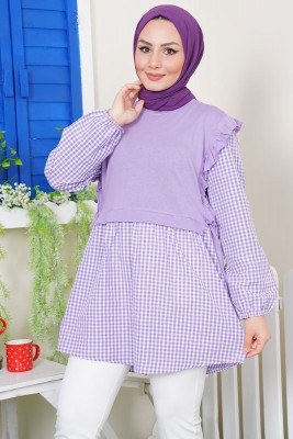 Pitikareli Yanları Büzgü Detay Lila Tunik - Thumbnail