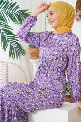 Tünel Bağcıklı Çiçekli Lila Elbise - Thumbnail