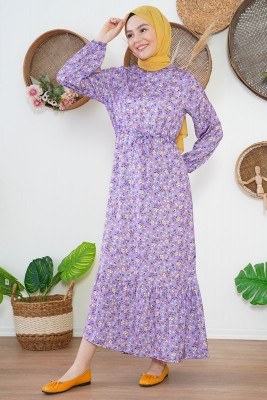 Tünel Bağcıklı Çiçekli Lila Elbise - Thumbnail