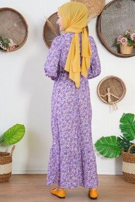 Tünel Bağcıklı Çiçekli Lila Elbise - Thumbnail