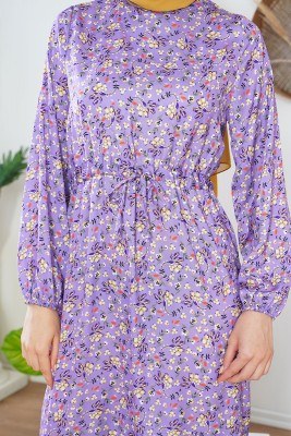 Tünel Bağcıklı Çiçekli Lila Elbise - Thumbnail