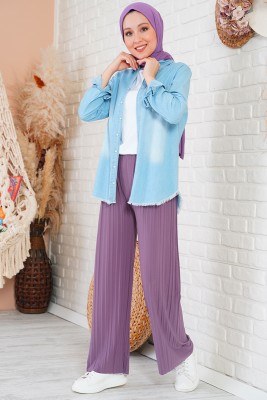 Piliseli Lazer Kesim Eflatun Pantolon - Thumbnail