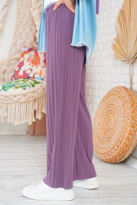 Piliseli Lazer Kesim Eflatun Pantolon - Thumbnail