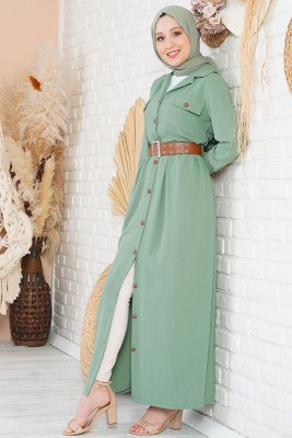 Düğmeli Kemerli Çağla Yeşili Elbise - Thumbnail