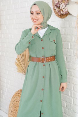 Düğmeli Kemerli Çağla Yeşili Elbise - Thumbnail