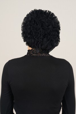 Dantel Fırfırlı Siyah Bone - Thumbnail