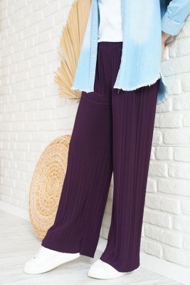 Piliseli Lazer Kesim Mor Pantolon - Thumbnail