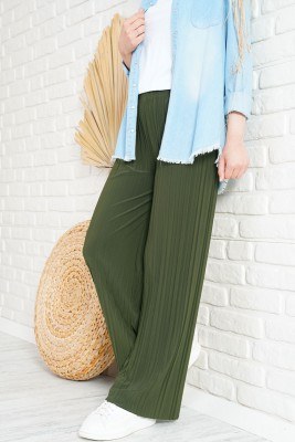 Piliseli Lazer Kesim Haki Pantolon - Thumbnail