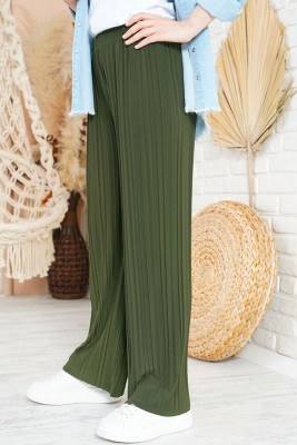 Piliseli Lazer Kesim Haki Pantolon - Thumbnail