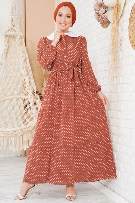 Tüvit Görünümlü Bebe Yaka Kiremit Elbise - Thumbnail