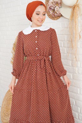 Tüvit Görünümlü Bebe Yaka Kiremit Elbise - Thumbnail