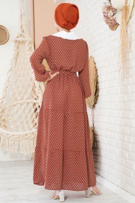 Tüvit Görünümlü Bebe Yaka Kiremit Elbise - Thumbnail