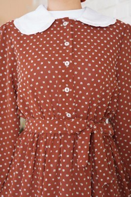 Tüvit Görünümlü Bebe Yaka Kiremit Elbise - Thumbnail