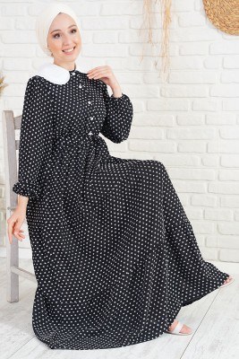 Tüvit Görünümlü Bebe Yaka Siyah Elbise - Thumbnail