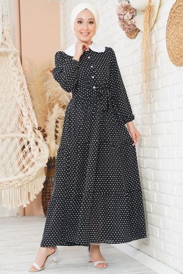 Tüvit Görünümlü Bebe Yaka Siyah Elbise - Thumbnail