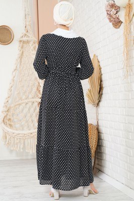 Tüvit Görünümlü Bebe Yaka Siyah Elbise - Thumbnail