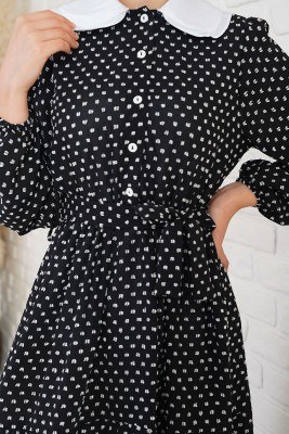 Tüvit Görünümlü Bebe Yaka Siyah Elbise - Thumbnail