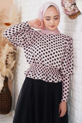 Balon Kol Serisi Puantiyeli Pembe Bluz - Thumbnail