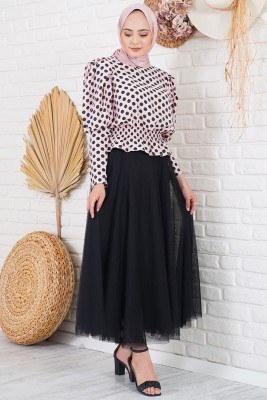 Balon Kol Serisi Puantiyeli Pembe Bluz - Thumbnail