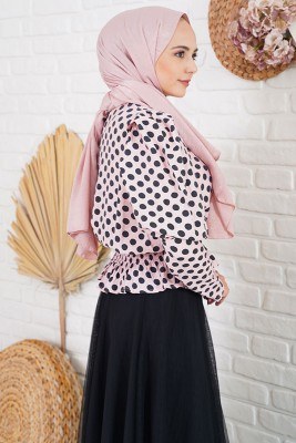 Balon Kol Serisi Puantiyeli Pembe Bluz - Thumbnail