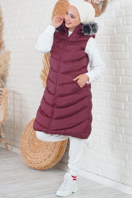 Kapüşonlu Cepli Bordo Şişme Yelek - Thumbnail