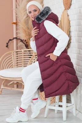 Kapüşonlu Cepli Bordo Şişme Yelek - Thumbnail