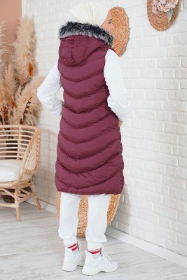 Kapüşonlu Cepli Bordo Şişme Yelek - Thumbnail