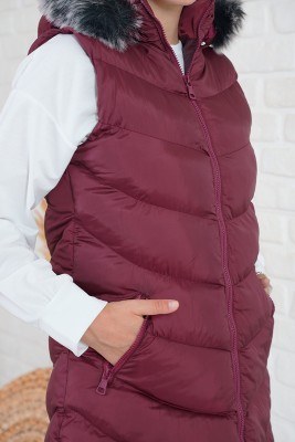 Kapüşonlu Cepli Bordo Şişme Yelek - Thumbnail