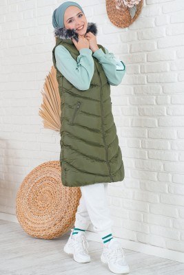 Kapüşonlu Cepli Haki Şişme Yelek - Thumbnail