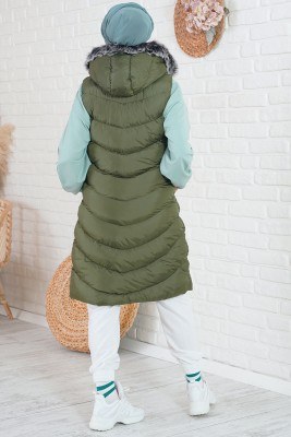 Kapüşonlu Cepli Haki Şişme Yelek - Thumbnail