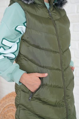 Kapüşonlu Cepli Haki Şişme Yelek - Thumbnail