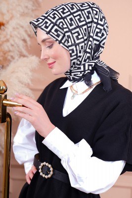 Black White Serisi Labirent Desen Siyah Eşarp - Thumbnail