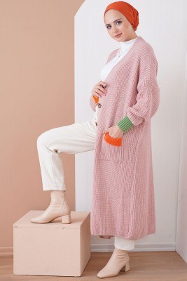 Renk Detaylı Salaş Pudra Hırka - Thumbnail