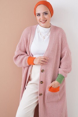 Renk Detaylı Salaş Pudra Hırka - Thumbnail