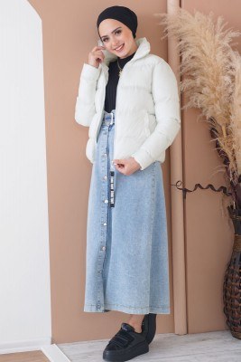 Dik Yakalı Kısa Beyaz Şişme Mont - Thumbnail