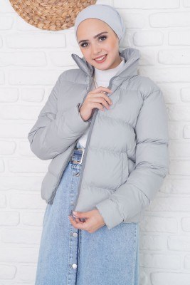 Dik Yakalı Kısa Gri Şişme Mont - Thumbnail