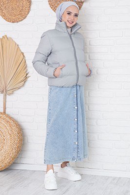 Dik Yakalı Kısa Gri Şişme Mont - Thumbnail