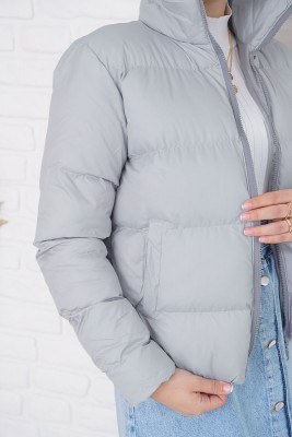 Dik Yakalı Kısa Gri Şişme Mont - Thumbnail