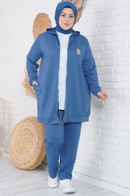 Büyük Beden Fermuarlı Armalı İndigo İkili Takım - Thumbnail