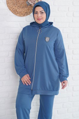 Büyük Beden Fermuarlı Armalı İndigo İkili Takım - Thumbnail