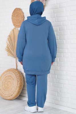 Büyük Beden Fermuarlı Armalı İndigo İkili Takım - Thumbnail