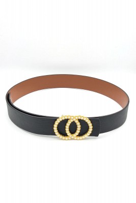 Pazarium - Çift İnci Tokalı Siyah Gold Kemer