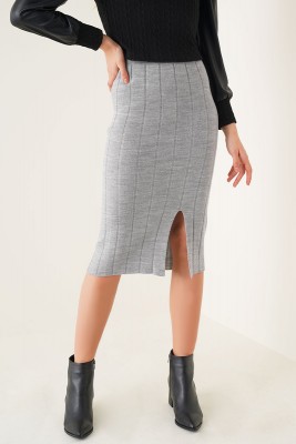 Yırtmaçlı Gri Kalem Etek - Thumbnail