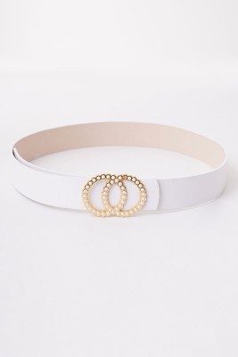 Pazarium - Çift İnci Tokalı Beyaz Gold Kemer