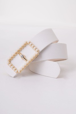 Pazarium - Dikdörtgen İnci Tokalı Beyaz Kemer