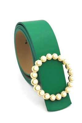 Yuvarlak İnci Tokalı Yeşil Kemer - Thumbnail