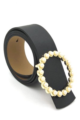 Yuvarlak İnci Tokalı Siyah Kemer - Thumbnail