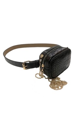 Kroko Desen Siyah Bel Çantası - Thumbnail